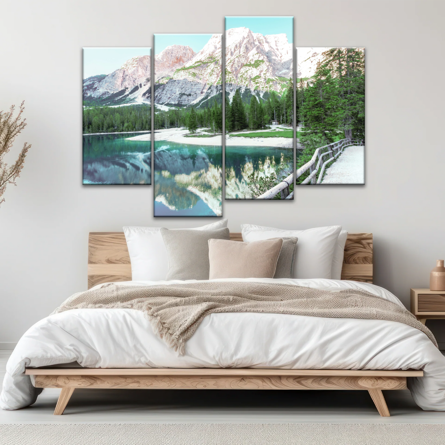 Lush Coniferous Trees Beside Lake Under The Snow-capped Mountains Wall Art