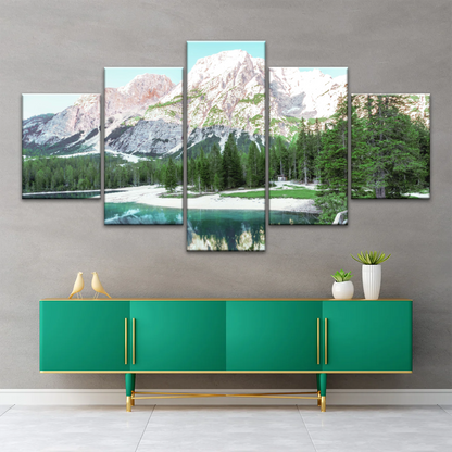 Lush Coniferous Trees Beside Lake Under The Snow-capped Mountains Wall Art