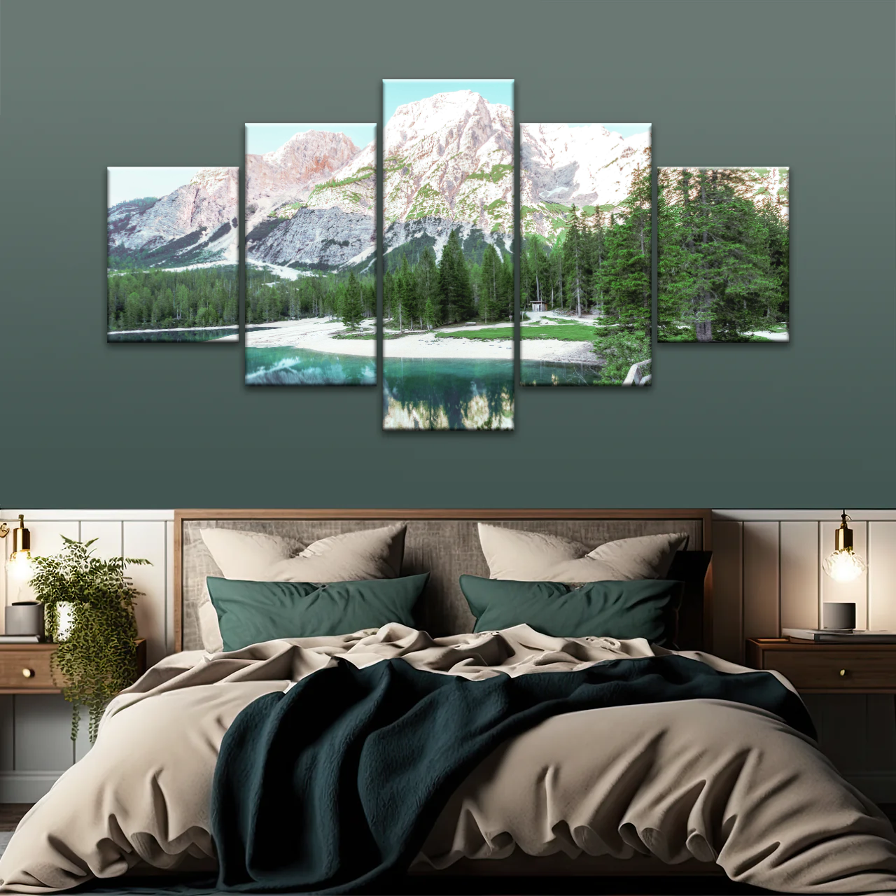 Lush Coniferous Trees Beside Lake Under The Snow-capped Mountains Wall Art
