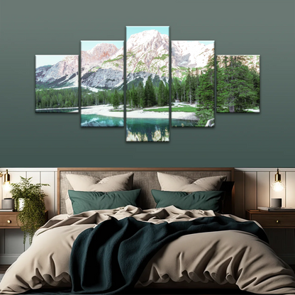 Lush Coniferous Trees Beside Lake Under The Snow-capped Mountains Wall Art