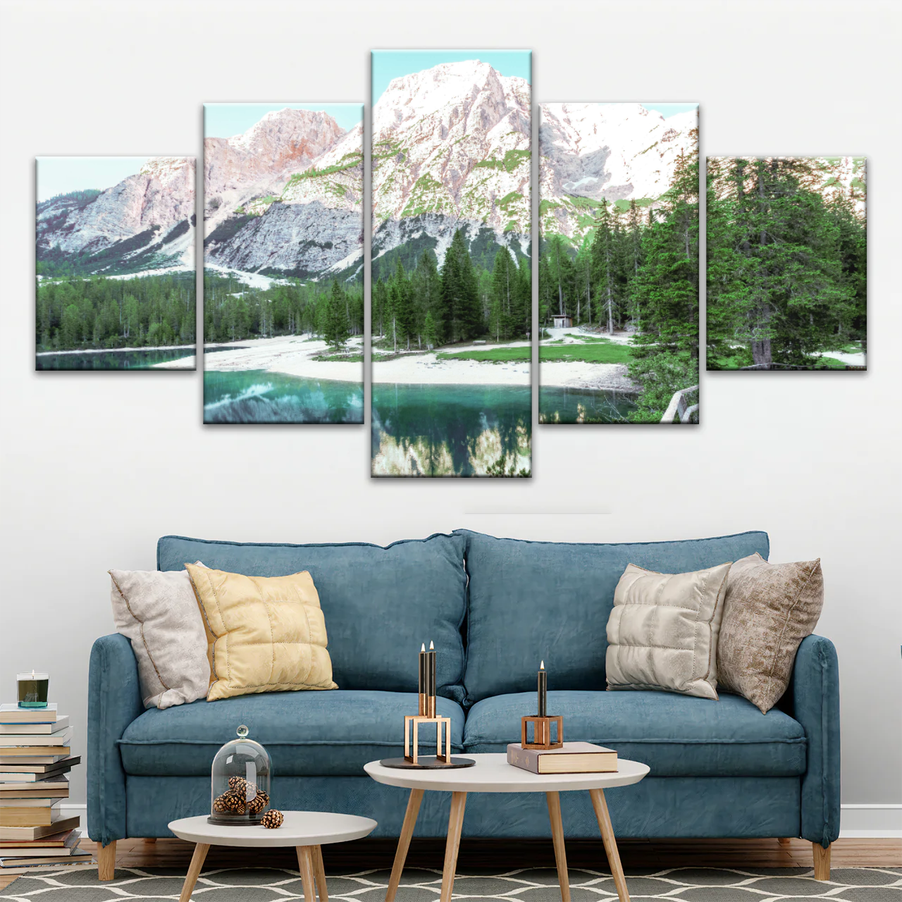 Lush Coniferous Trees Beside Lake Under The Snow-capped Mountains Wall Art
