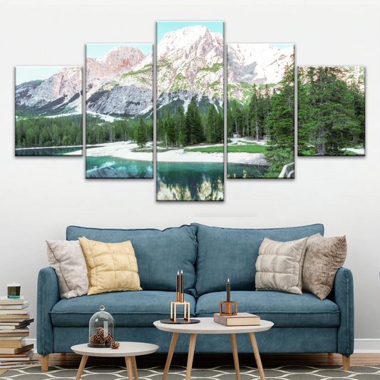 Lush Coniferous Trees Beside Lake Under The Snow-capped Mountains Wall Art