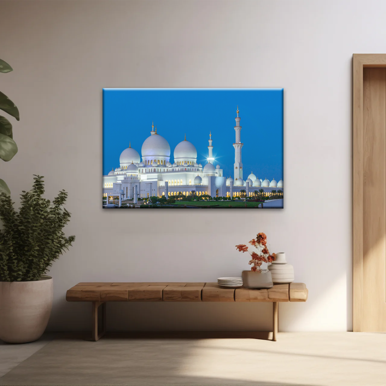 Abu Dhabi Sheikh Zayed Mosque View At Night Print Art Canvas