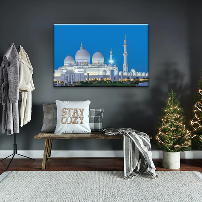 Abu Dhabi Sheikh Zayed Mosque View At Night Print Art Canvas