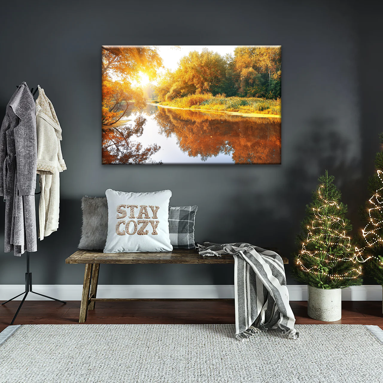 Natural Sunlight By The River In Autumn Canvas Art Wall