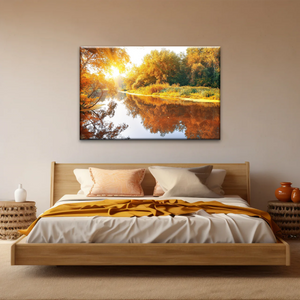 Natural Sunlight By The River In Autumn Canvas Art Wall