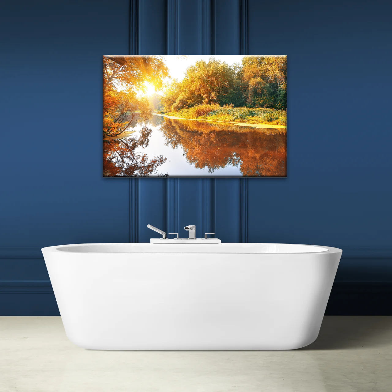 Natural Sunlight By The River In Autumn Canvas Art Wall