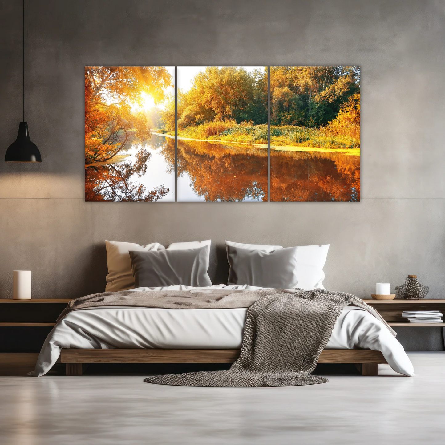 Natural Sunlight By The River In Autumn Canvas Art Wall