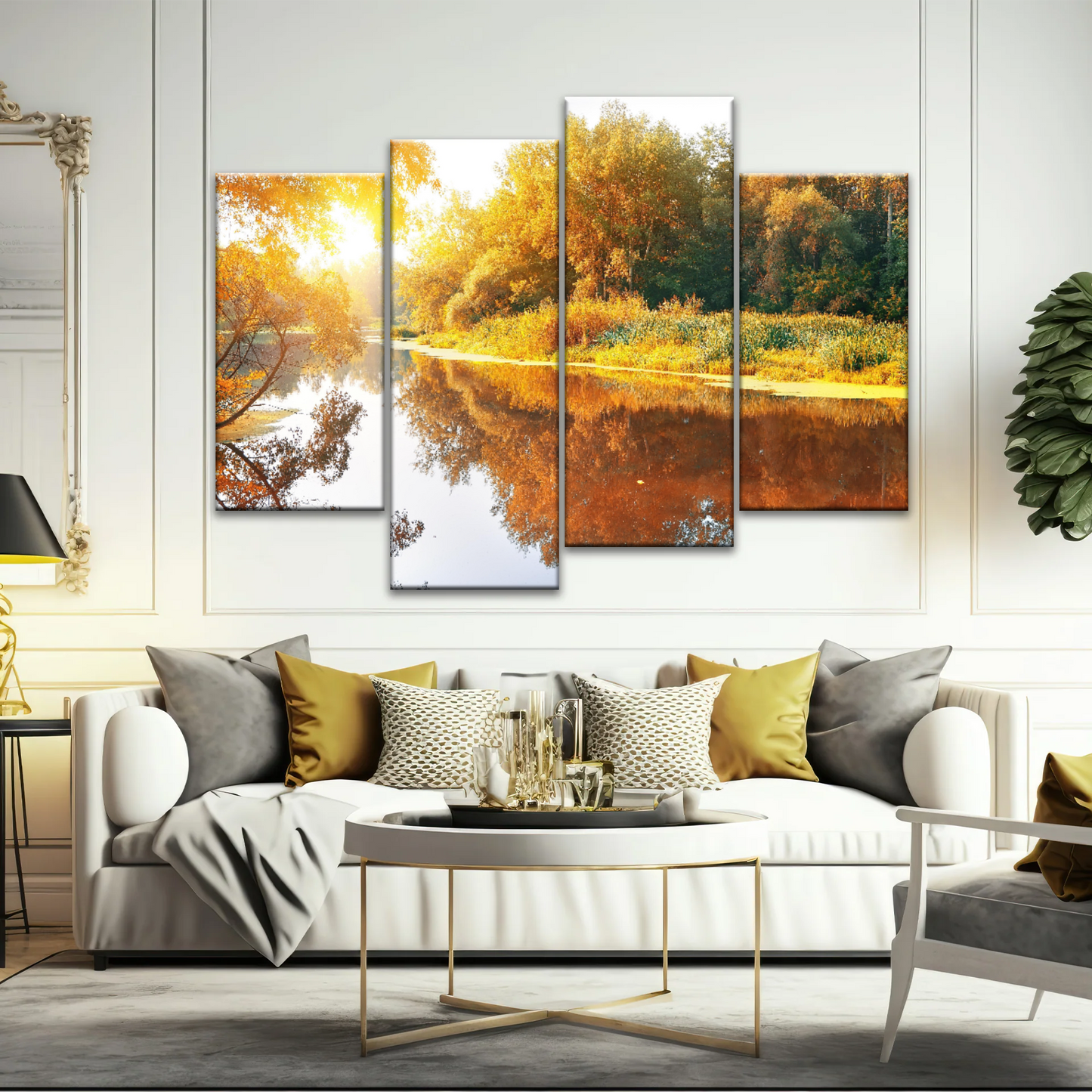 Natural Sunlight By The River In Autumn Canvas Art Wall
