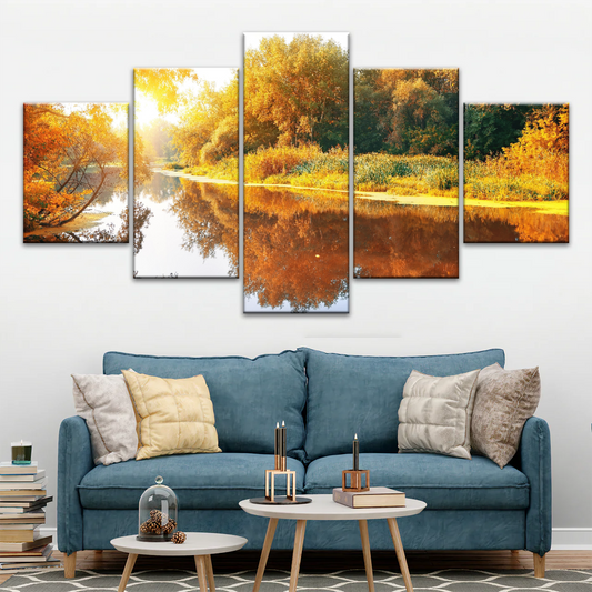 Natural Sunlight By The River In Autumn Canvas Art Wall