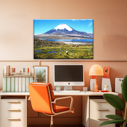 Goats On Green Grass, And Mountain Under Blue Sky Wall Art