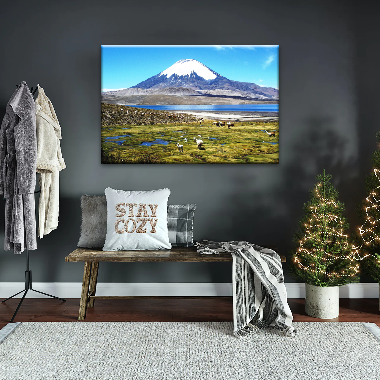 Goats On Green Grass, And Mountain Under Blue Sky Wall Art