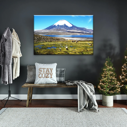 Goats On Green Grass, And Mountain Under Blue Sky Wall Art