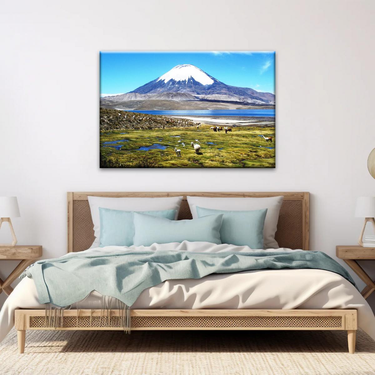 Goats On Green Grass, And Mountain Under Blue Sky Wall Art - Personalised Canvas Art