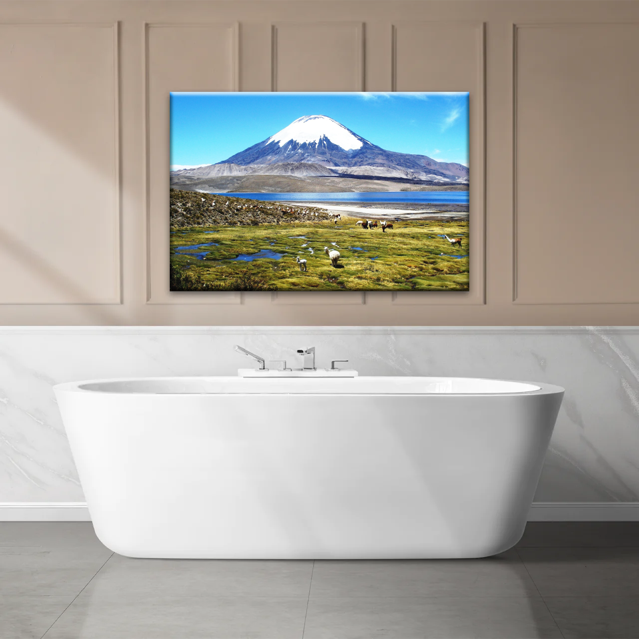 Goats On Green Grass, And Mountain Under Blue Sky Wall Art