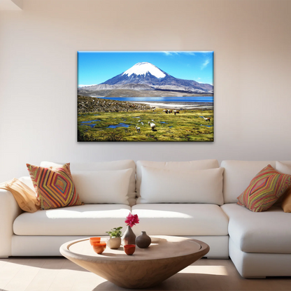 Goats On Green Grass, And Mountain Under Blue Sky Wall Art