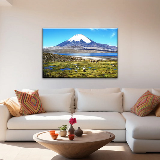 Goats On Green Grass, And Mountain Under Blue Sky Wall Art