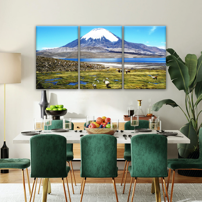 Goats On Green Grass, And Mountain Under Blue Sky Wall Art