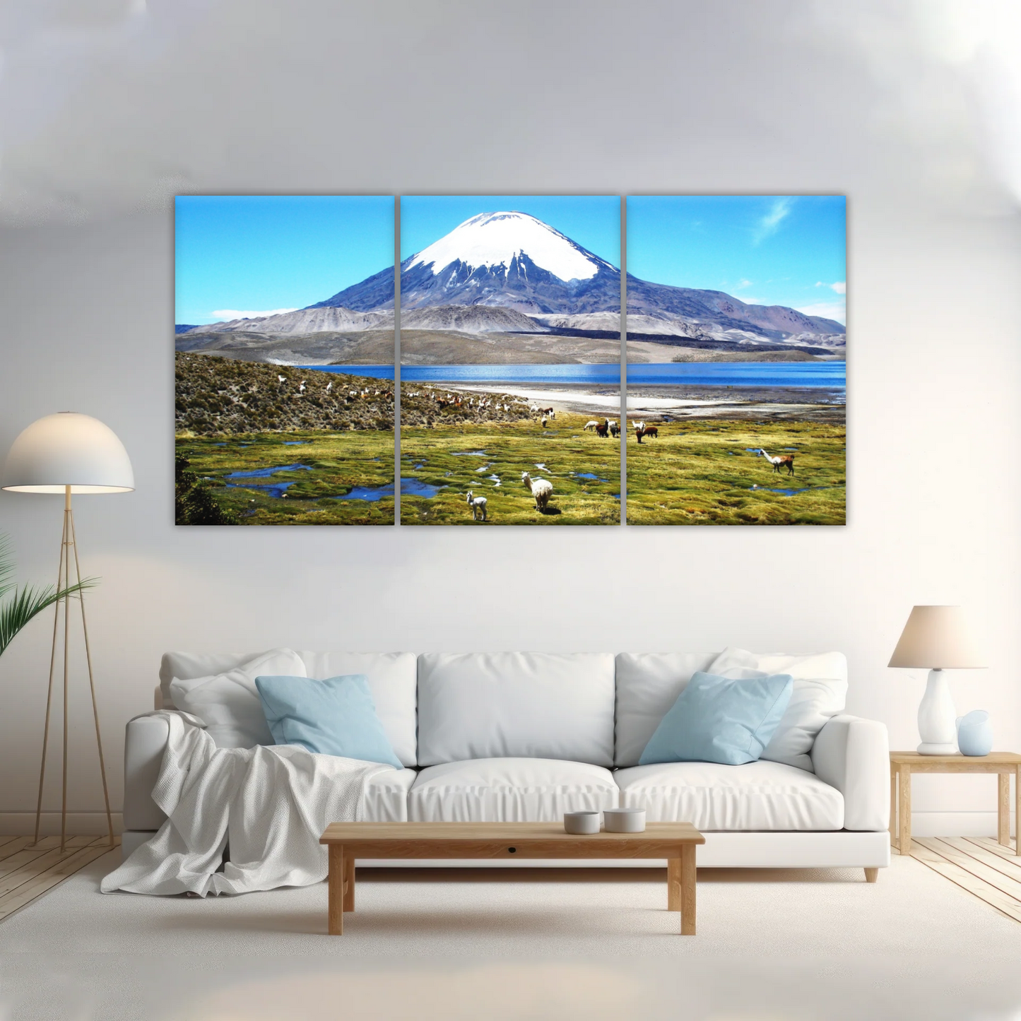 Goats On Green Grass, And Mountain Under Blue Sky Wall Art
