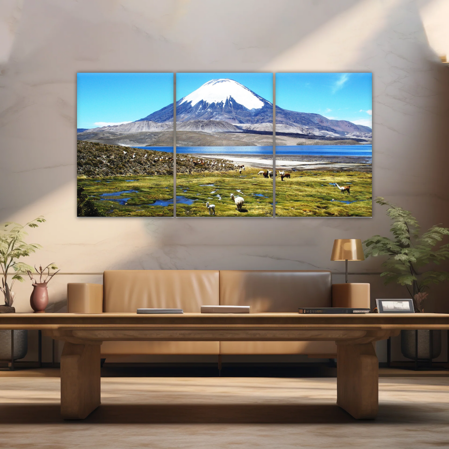 Goats On Green Grass, And Mountain Under Blue Sky Wall Art