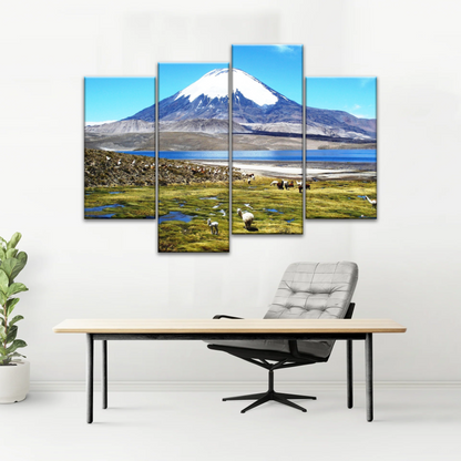 Goats On Green Grass, And Mountain Under Blue Sky Wall Art