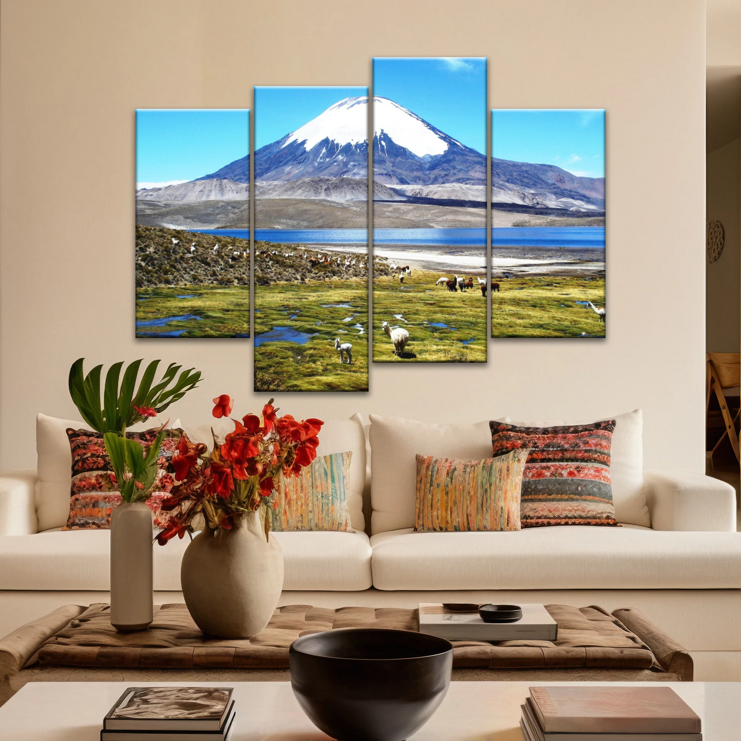 Goats On Green Grass, And Mountain Under Blue Sky Wall Art