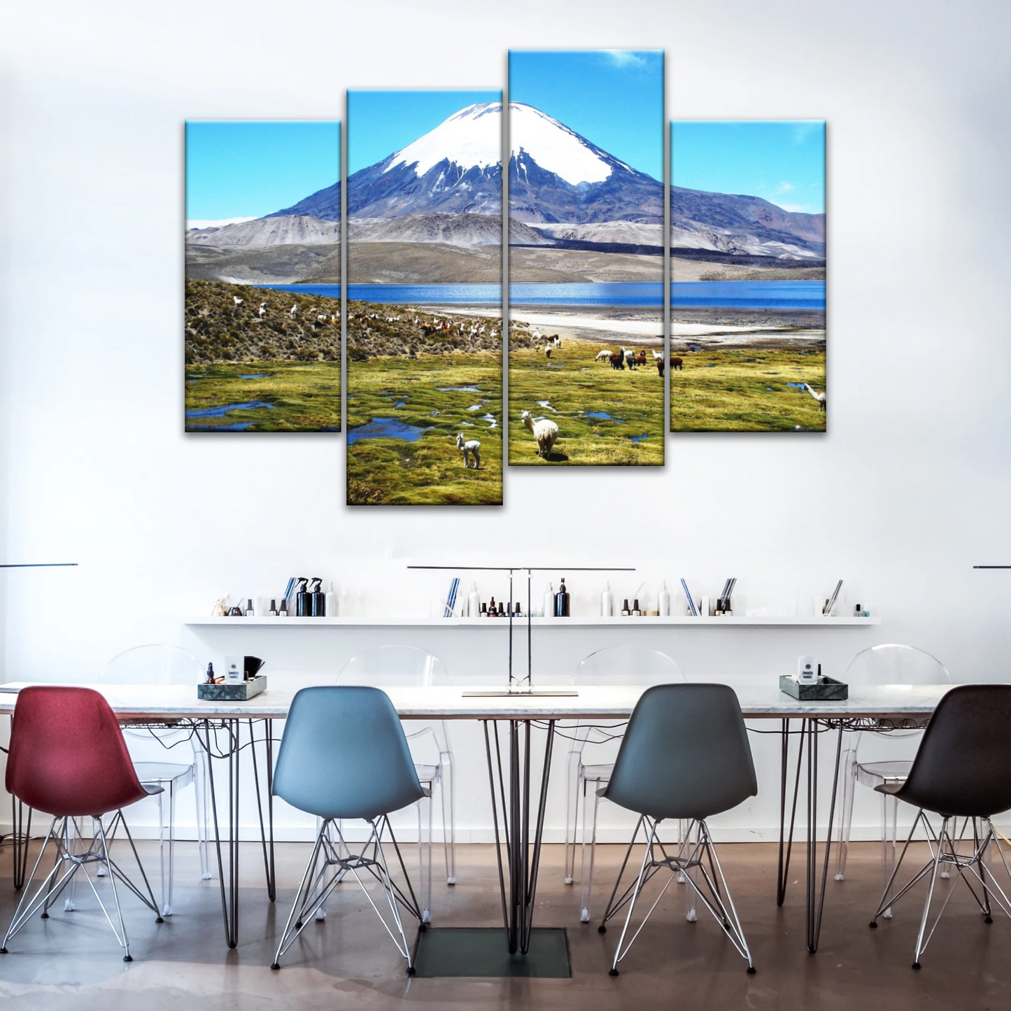 Goats On Green Grass, And Mountain Under Blue Sky Wall Art