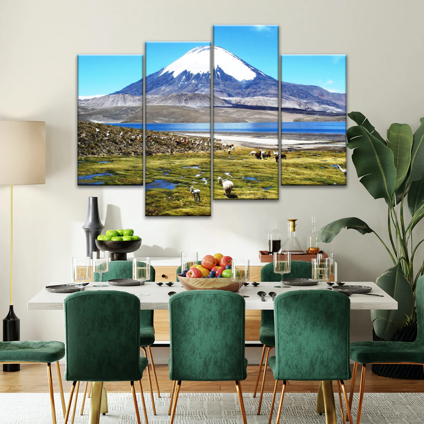 Goats On Green Grass, And Mountain Under Blue Sky Wall Art