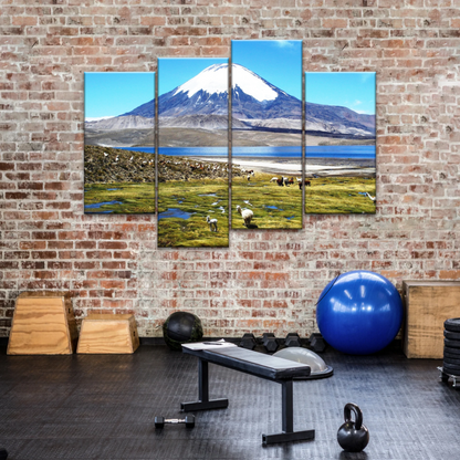 Goats On Green Grass, And Mountain Under Blue Sky Wall Art