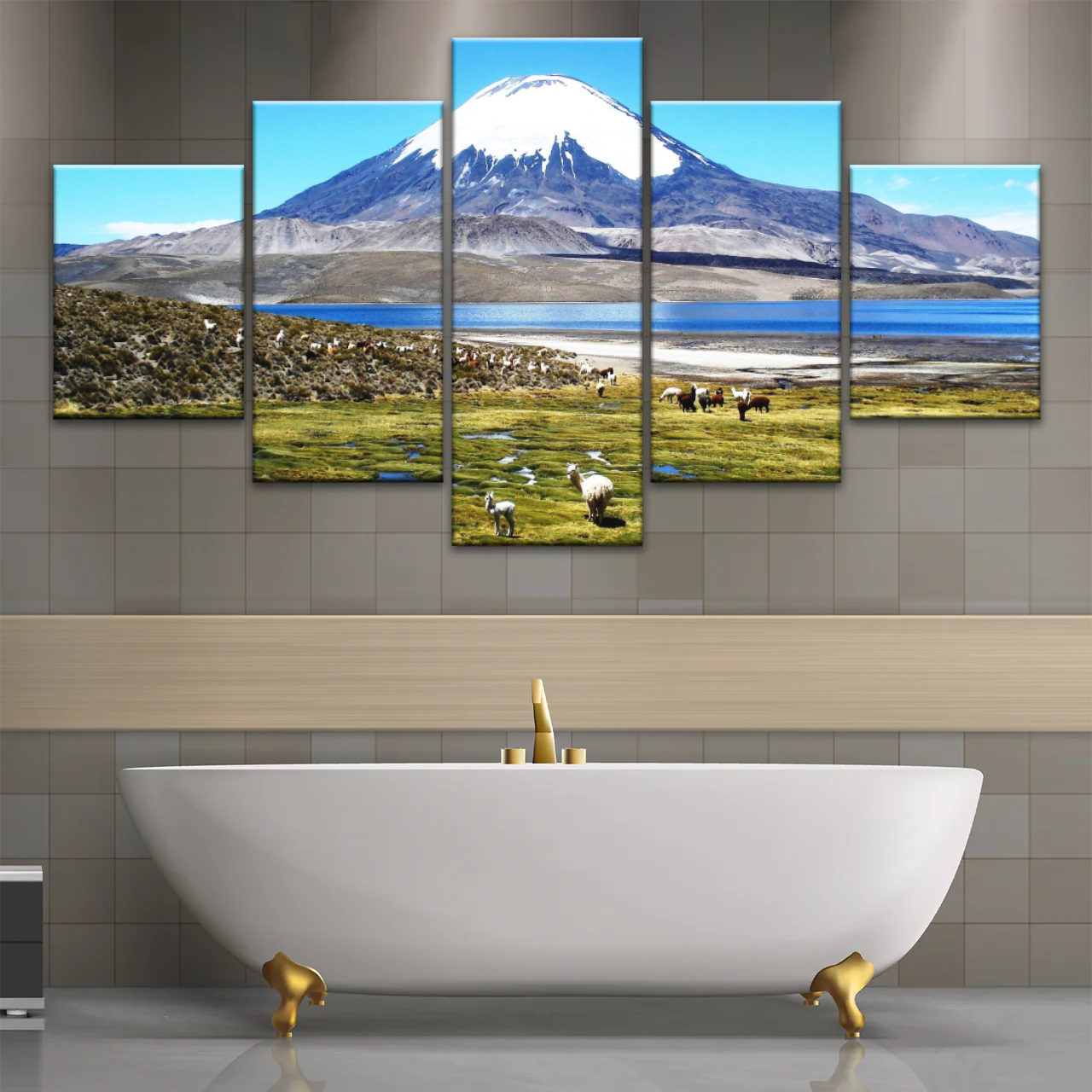 Goats On Green Grass, And Mountain Under Blue Sky Wall Art