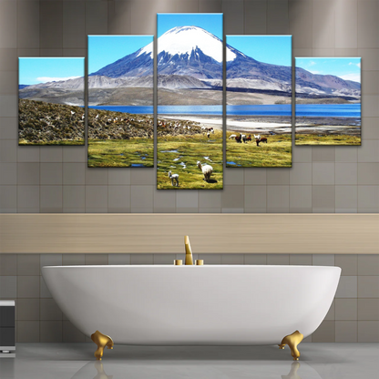 Goats On Green Grass, And Mountain Under Blue Sky Wall Art