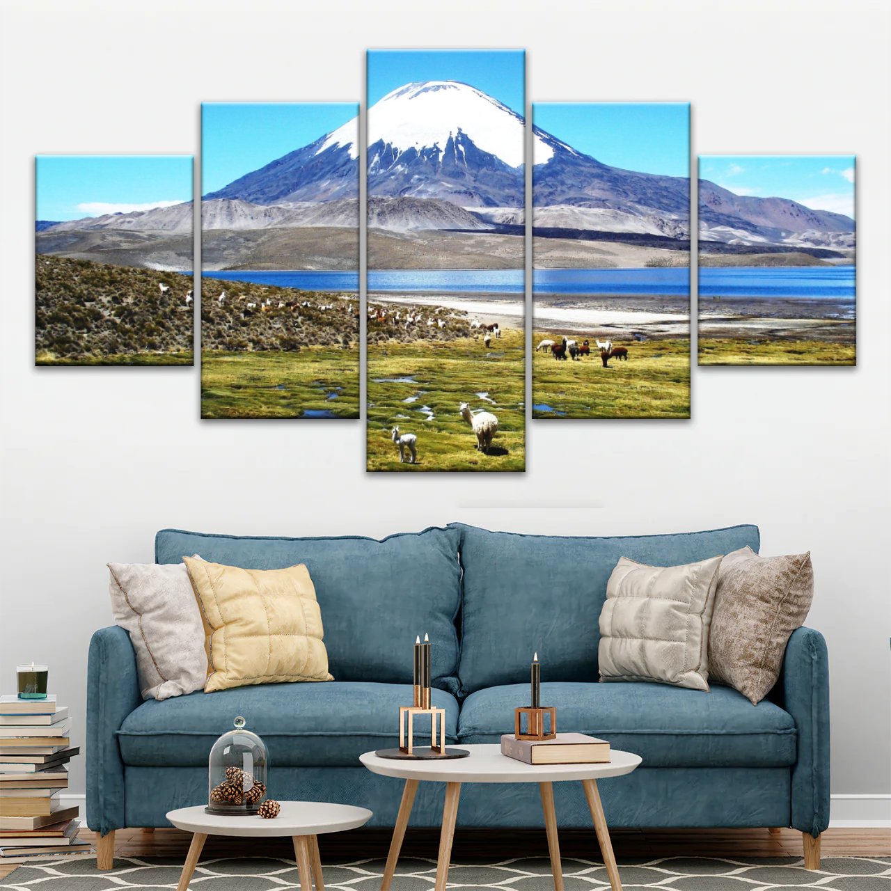 Goats On Green Grass, And Mountain Under Blue Sky Wall Art