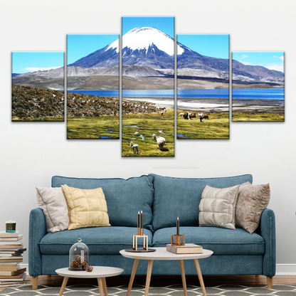 Goats On Green Grass, And Mountain Under Blue Sky Wall Art