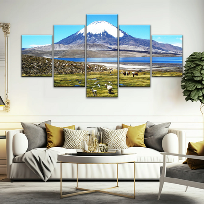 Goats On Green Grass, And Mountain Under Blue Sky Wall Art