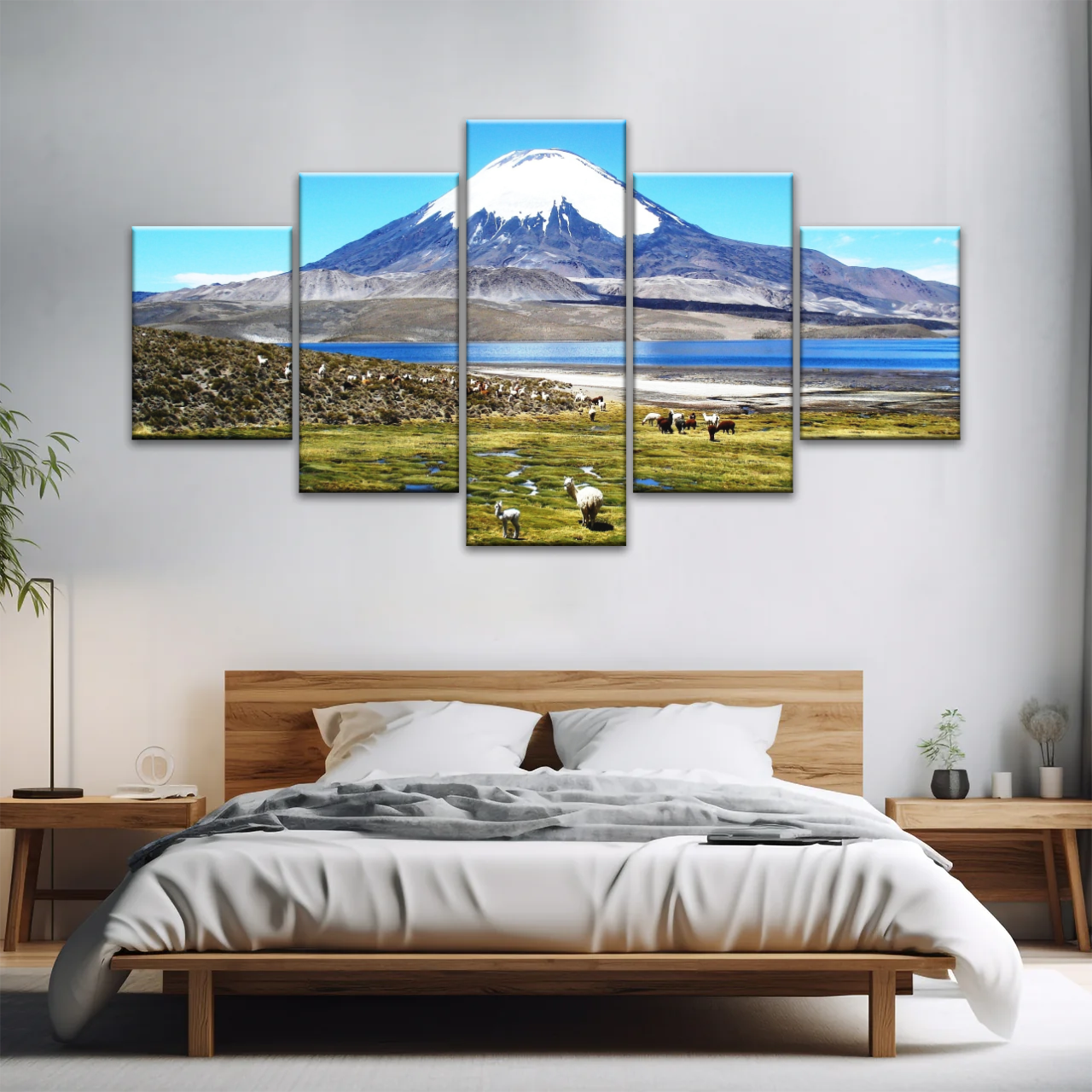 Goats On Green Grass, And Mountain Under Blue Sky Wall Art