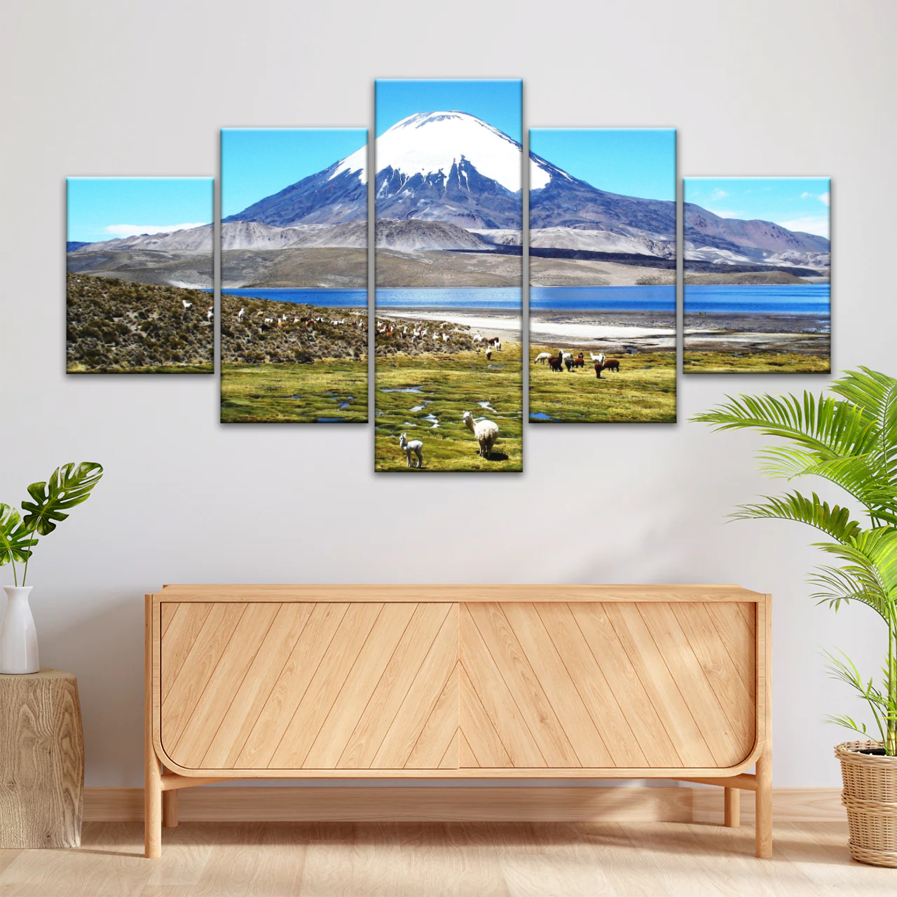 Goats On Green Grass, And Mountain Under Blue Sky Wall Art