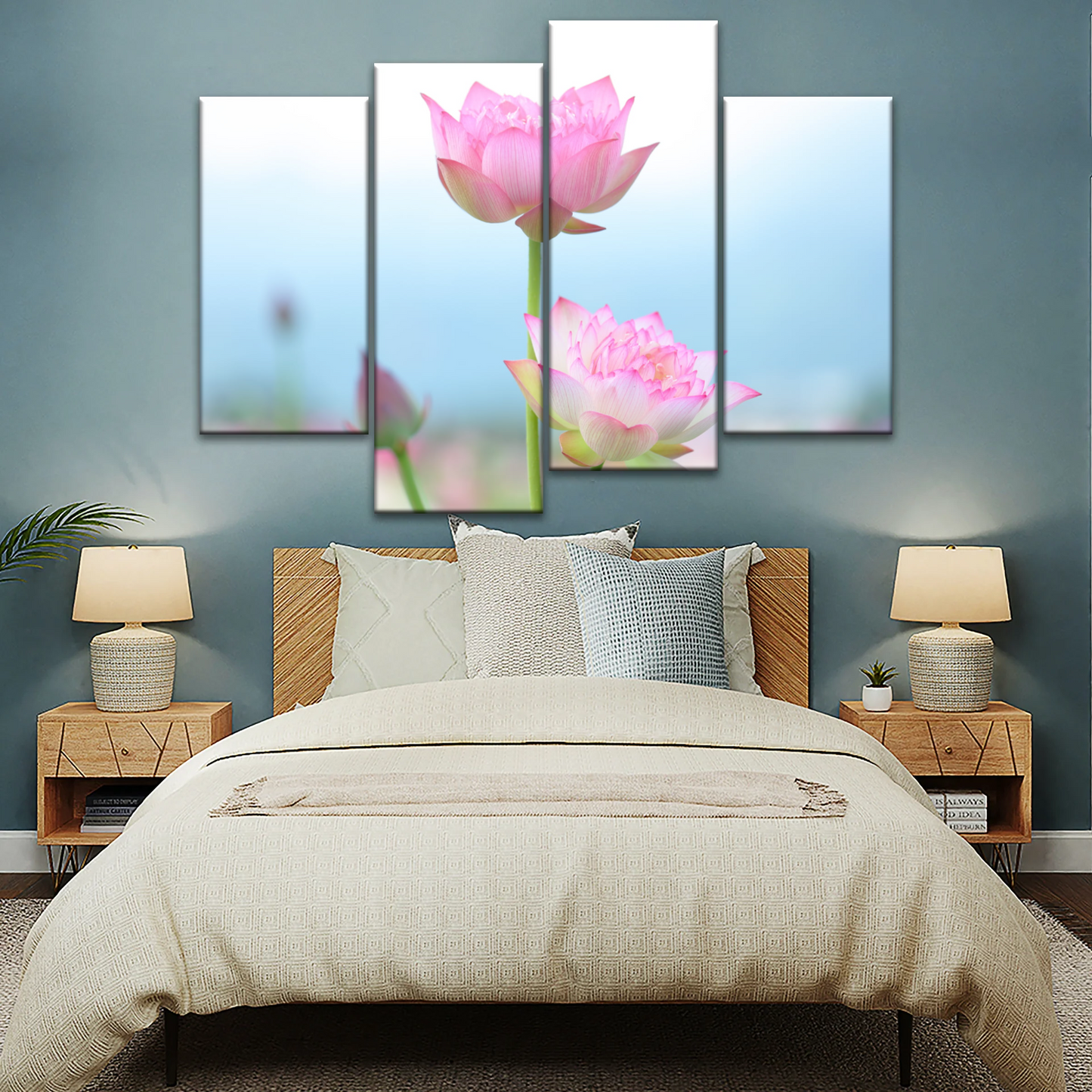 Pink And White Lotus Petaled Flowers Wall Art Framed