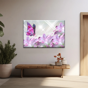 Purple Butterfly On Pink-purple Petaled Flower Butterfly Wall Art