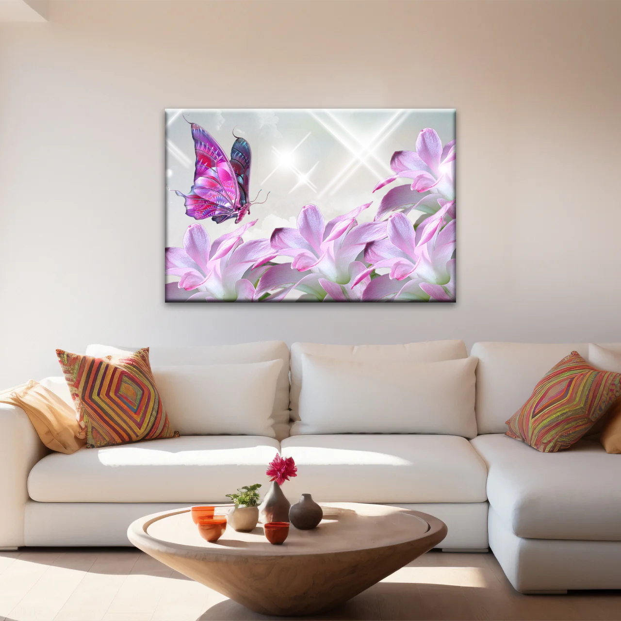 Purple Butterfly On Pink-purple Petaled Flower Butterfly Wall Art