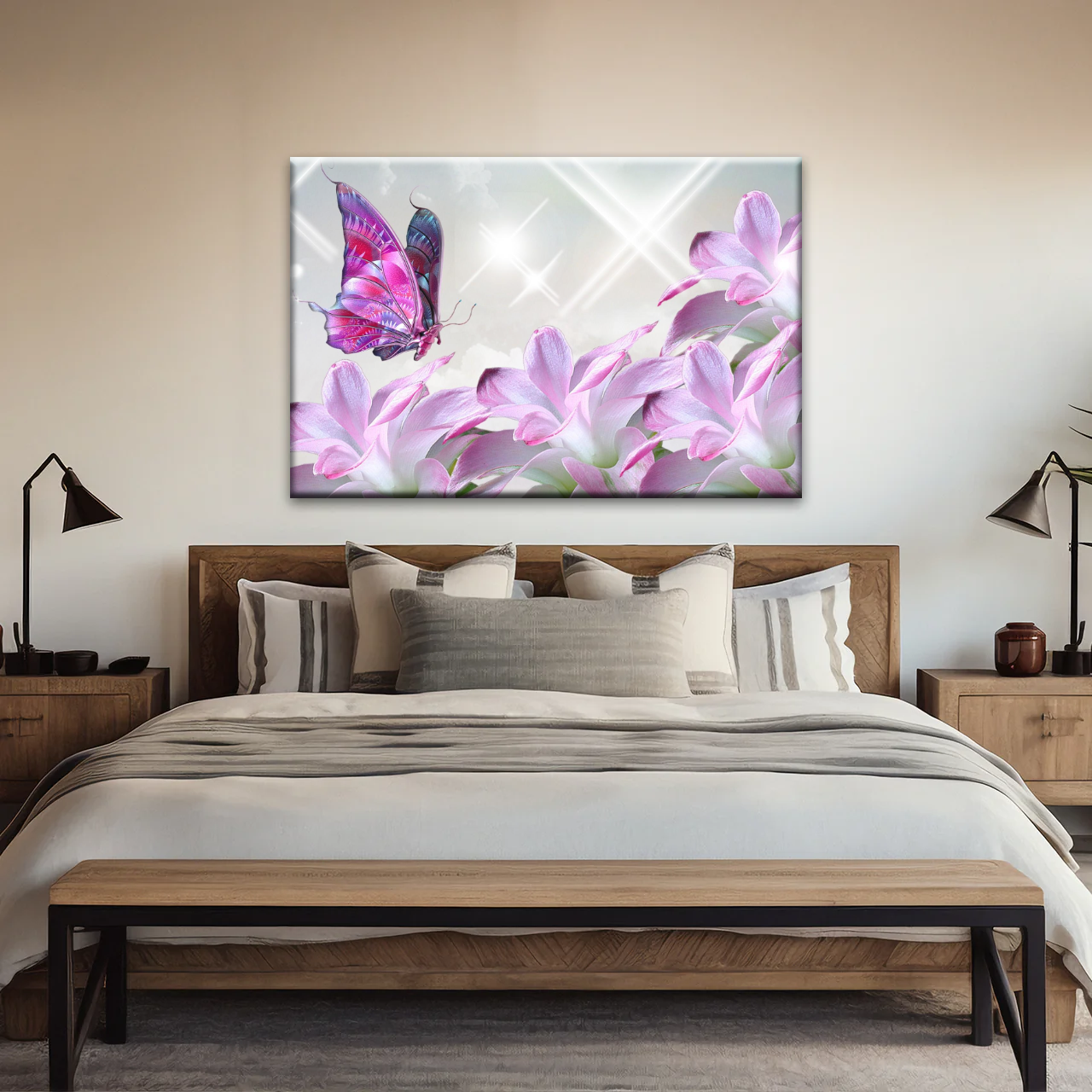 Purple Butterfly On Pink-purple Petaled Flower Butterfly Wall Art