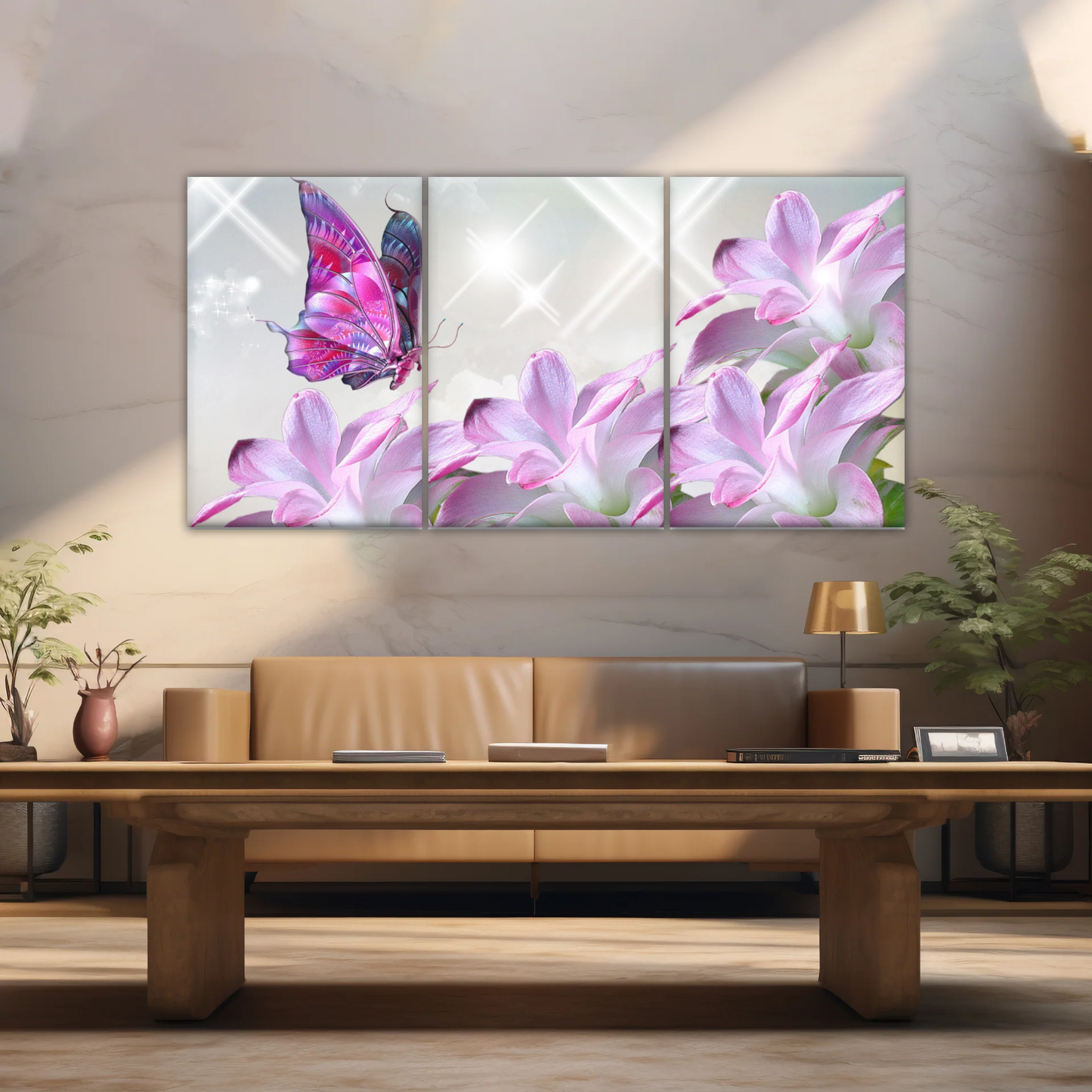 Purple Butterfly On Pink-purple Petaled Flower Butterfly Wall Art