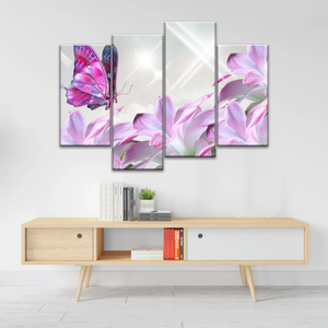 Purple Butterfly On Pink-purple Petaled Flower Butterfly Wall Art