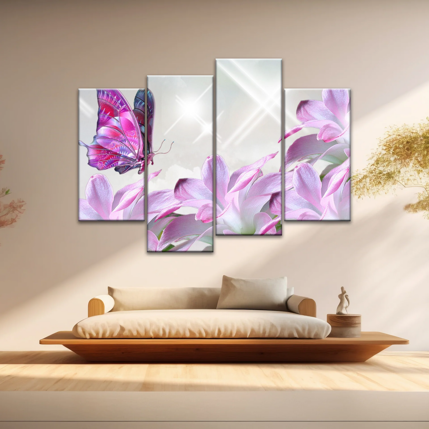 Purple Butterfly On Pink-purple Petaled Flower Butterfly Wall Art