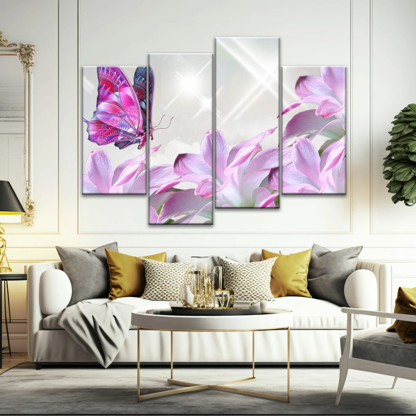 Purple Butterfly On Pink-purple Petaled Flower Butterfly Wall Art
