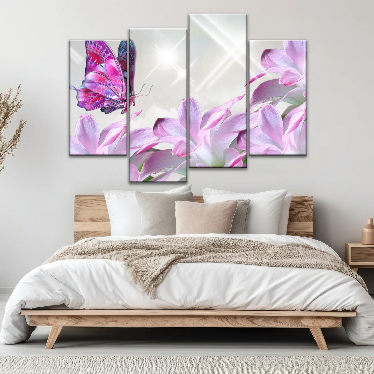 Purple Butterfly On Pink-purple Petaled Flower Butterfly Wall Art
