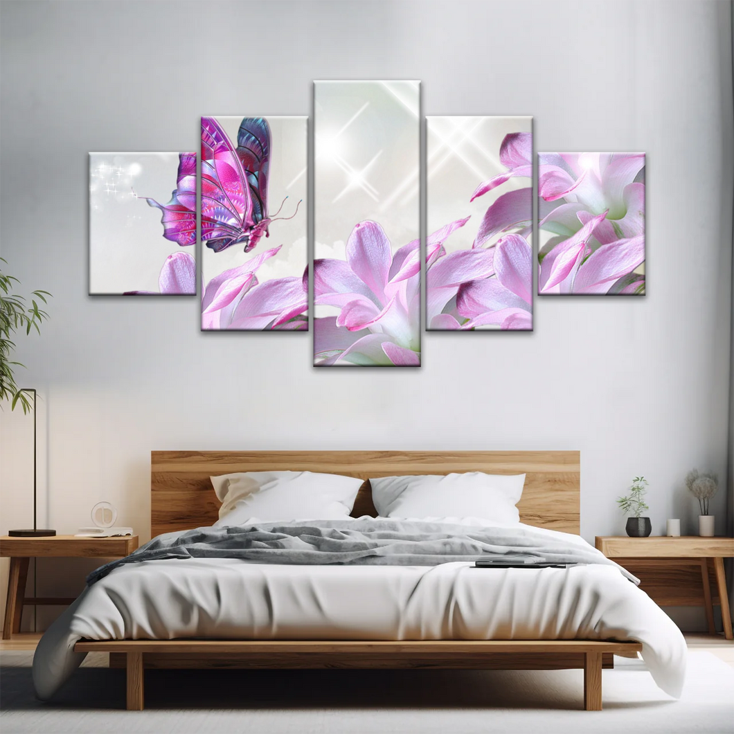 Purple Butterfly On Pink-purple Petaled Flower Butterfly Wall Art