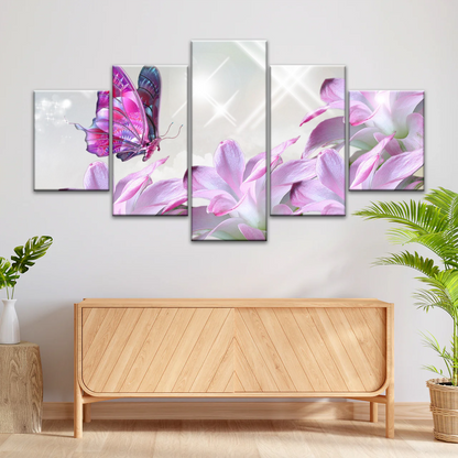 Purple Butterfly On Pink-purple Petaled Flower Butterfly Wall Art