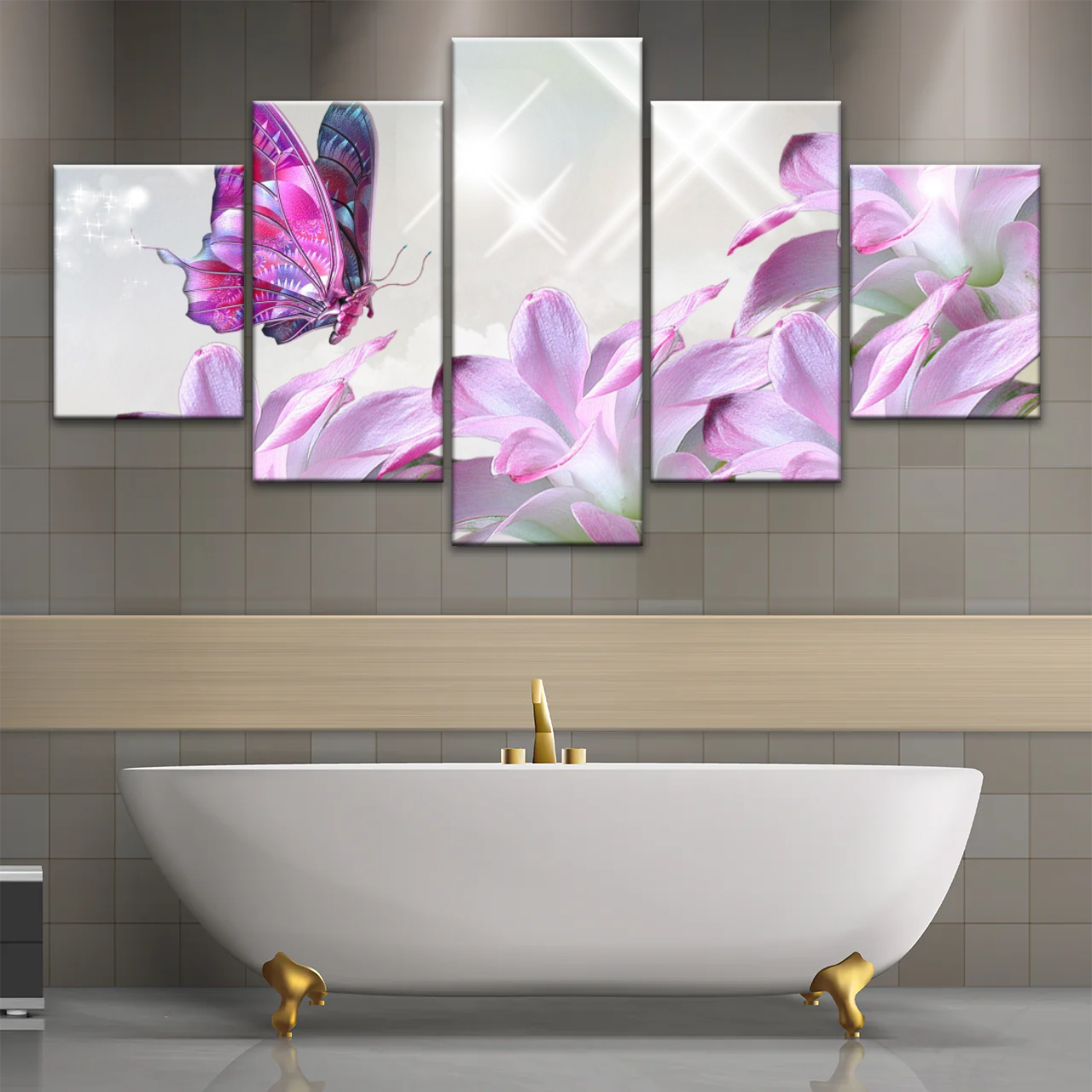 Purple Butterfly On Pink-purple Petaled Flower Butterfly Wall Art