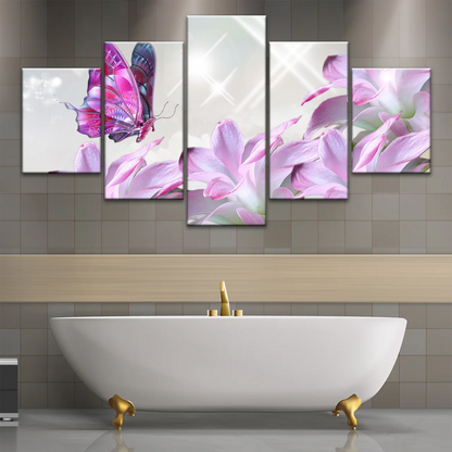 Purple Butterfly On Pink-purple Petaled Flower Butterfly Wall Art