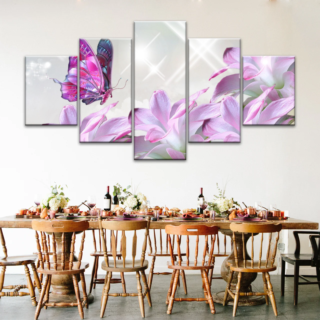 Purple Butterfly On Pink-purple Petaled Flower Butterfly Wall Art